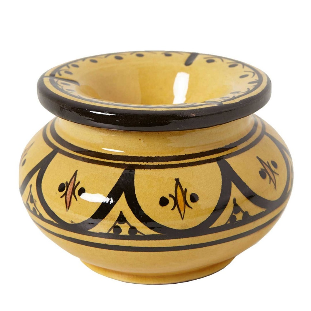 Marokkanischer Keramik Aschenbecher gelb handgetöpfert & handbemalt  Sturmaschenbescher Windaschenbecher mit Deckel KE5002 -  Österreich