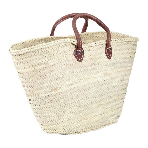 Marokkanische Strandtasche Afnan handgeflochtene Ibiza Tasche Doum-Blättern mit echt Ledergriff Palmentasche Shopper Einkaufstasche FK1720