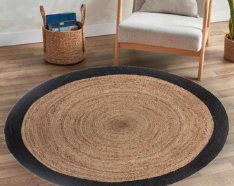 Tapis en jute rond Tamani Noir Naturel en 90 120 150 cm en fibre naturelle jute tressé tapis de passage tapis oriental tapis de vie durable