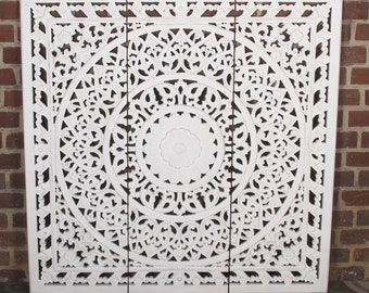 Indisches Holz Mandala Hawa 90x90 cm 3teilig in Shabby Chic weiß handgeschnitzt Wandpaneele orientalische Wanddekoration Muttertag MD1039