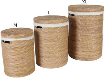 Cesto per biancheria in rattan Cleo in 3 misure rotondo con coperchio borsa rimovibile cesto in rattan cesto per biancheria rustico intrecciato contenitore per biancheria cesto boho