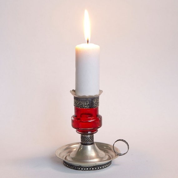 Marokkanischer Kerzenständer Aladin Rot Silber mit Griff aus Metall & Glas  Kerzenhalter orientalische Tisch Dekoration L1712