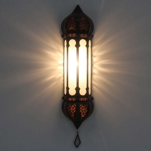 Marokkanische Wandlampe Ruya Weiß aus Eisen & Relief Glas handgefertigte orientalische Ramadan Wandleuchte wie aus 1001 Nacht  | L5054