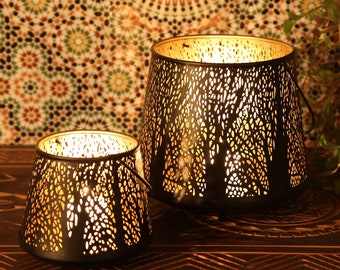 Lanterne orientale Como lot de 2 avec poignée en or noir Lanterne marocaine Ramadan bougeoir décoratif photophore | IRL74