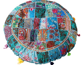 XXL Patchwork Yogakissen Lali Groß Ø 78cm rund mit Füllung in beige rot türkis Sitzkissen Bodenkissen orientalisches Hippie Kissen im Boho