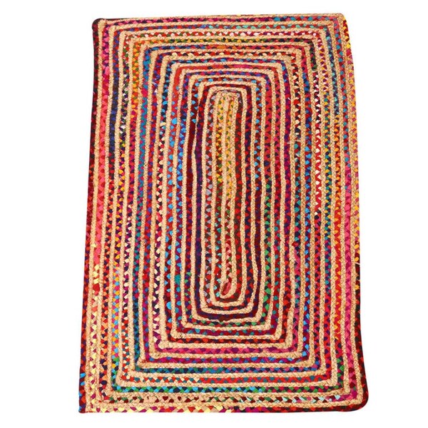 Alfombra de yute Esha colorida rectangular trenzada en 5 tamaños hecha de yute y algodón | Alfombra de yute boho chic alfombra de pasillo de pelo corto Hygge Orient