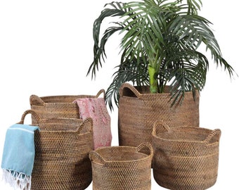 Rattan Korb Elie Braun mit Henkel in 5 Größen rustikal geflochten Weidekorb Kaminholzkorb Wäschekorb Aufbewahrungskorb Boho Chic Deko Korb