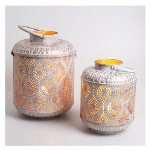 Oriental Lantern Suraya Set of 2 Shabby White Gold Moroccan Lantern Set Boho Candle Holder Standing & Hanging Ramadan Decoration IRL5020