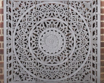 Indian wooden mandala Haya 90 x 90 cm 3 parts in shabby chic grey hand carved wall panels oriental wall decoration MD3039