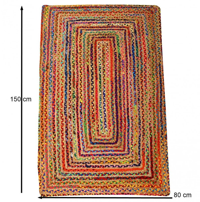 Jute Teppich Esha bunt rechteckig in 5 Größen aus Jute & Baumwolle geflochten Boho Chic Juteteppich Kurzflor Teppichläufer Hygge Orient 80x150 cm