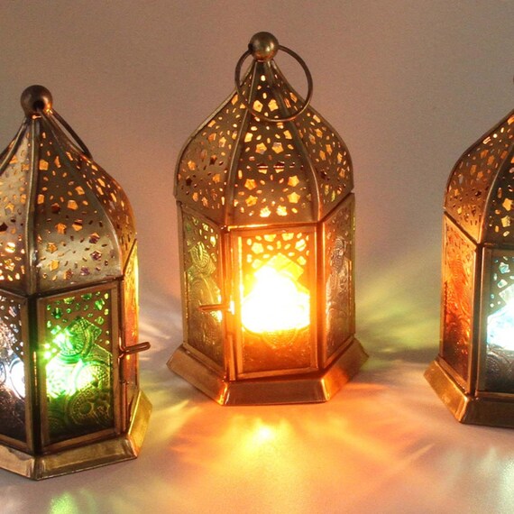 Lanterna orientale in vetro Nael multicolore, set da 3 Lanterna marocchina  Portacandela colorato in oro Decorazione da tavolo Natale WDL1030 -   Italia