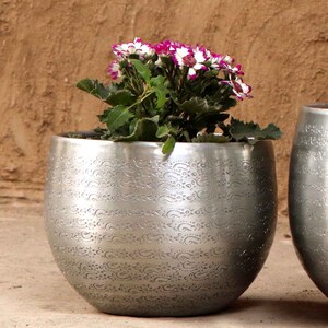 Oriental flowerpot Almeria silver aluminum plant pot decorated with hammer finish Moroccan style planter M