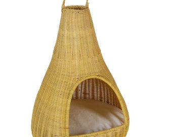 Rattan Katzenhaus TIPI mit Kissen 40x62 cm Katzenbett Katzenkorb pet teepee Katzenkissen Katzenhöhle mit Polsterkissen Katzenmöbel LOM20090