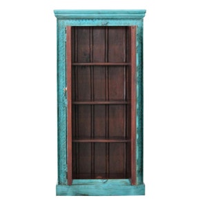 Indiase houten kast Adna Turquoise gesneden uit massief hout en met de hand beschilderd Vintage kledingkast boho draaideurkast CA321270 afbeelding 3