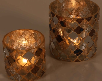 Orientalisches Mosaik Windlicht Athen Gold rund Glas handgefertigt Glaswindlichter Teelichthalter Ramadan Dekoration marokkanisch Stil