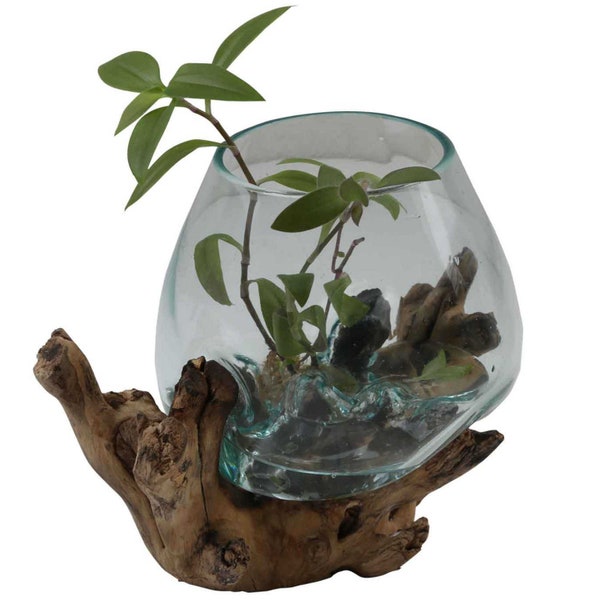 Glasvase auf Wurzelholz A18 geschmolzenes Glas Ø18cm auf Teak Wurzel einzigartige Wohn Deko Vase Geschenk Idee Ramadan Muttertag Tischdeko