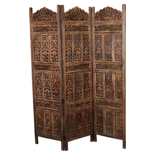 Paravent en bois Firdaus 152 x 183 cm marron 3 parties sculptées en bois véritable & MDF | Cloison de séparation comme séparation de pièce, vestiaire, artisanat pur | PV5560