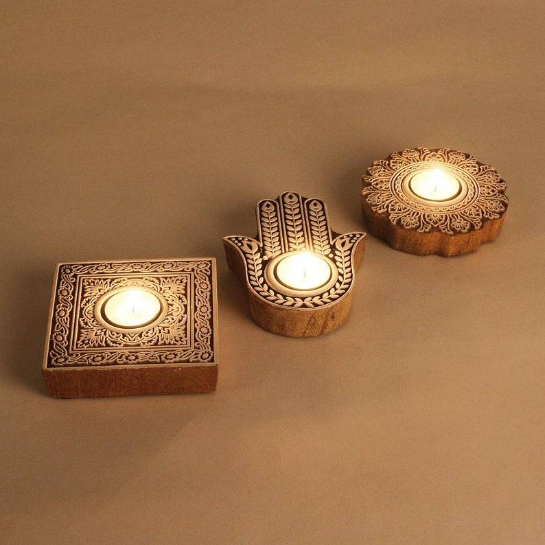 Oriental tealight holder Sahra set of 3 made of solid wood carved Fatima's Buddha hand Ramadan Eid table decoration candlelight gift RK210 image 3