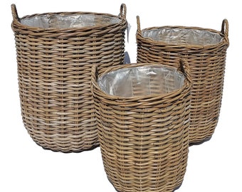 Rattan Korb Rimini rund mit Henkel mit Folie Weidenkorb Obstkorb Pflanzenkorb Erntekorb Gemüsekorb Wäschekorb Rattankorb Blumentopf