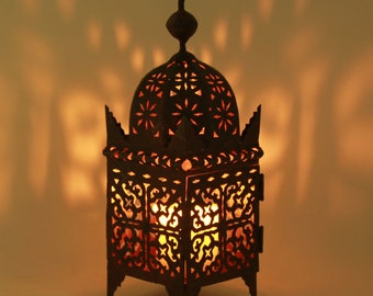 Marokkaanse ijzeren lantaarn Firyal H50 met roest in minaretvorm Marokko | Oosterse lantaarn tuinlantaarn Ramadan Eid decoratie | L1655