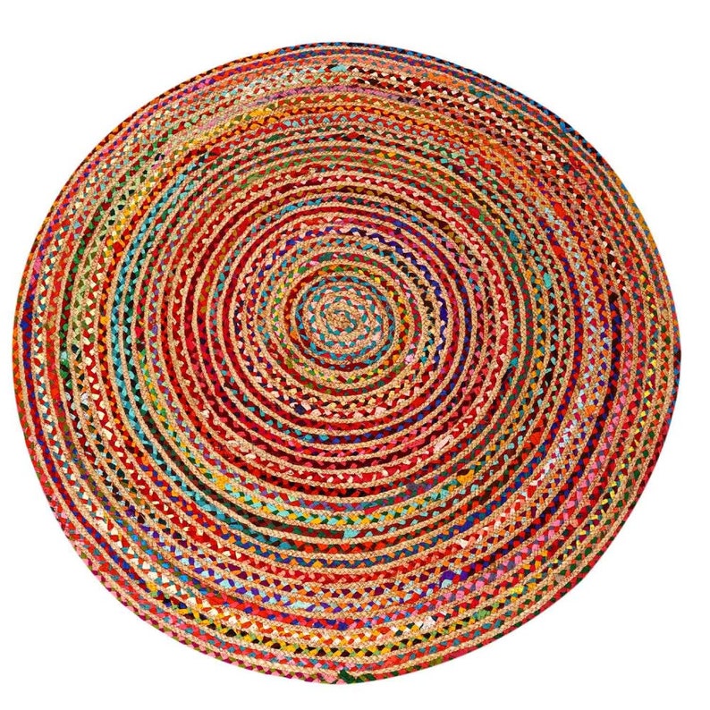 Tapis en jute Tamani coloré en jute et coton tissé à la main tapis boho chic coloré dans les tailles Ø 90 cm, Ø 120 cm, Ø 150 cm tapis naturel 120 cm