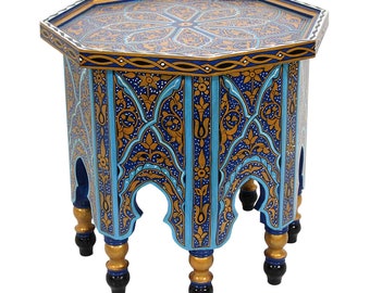 Table d'appoint orientale en bois Sila bleu or octogonale astucieusement peinte à la main | Table de canapé marocaine, table basse, table à thé boho HM1022