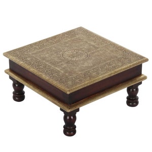Oriental stool AROON in gold brown | small side table made of wood & brass 30x30x15 cm (WxDxH) | Moroccan decorative table MA25-70