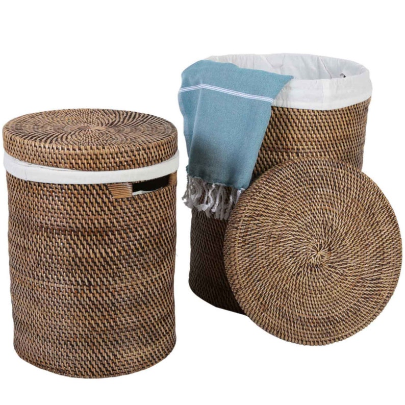 Panier à linge en rotin Cleo marron en 3 tailles rond avec couvercle sac amovible panier en rotin rustique tressé collecteur de linge panier à linge image 3