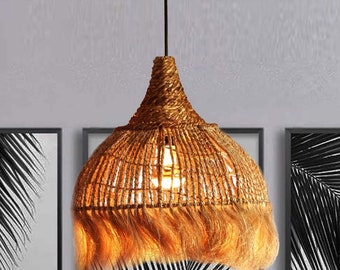 Boho Lampe Bali Ø 36cm aus Abaca Faser geflochten mit Kabel Höhe bis zu 178cm E27 Fassung & Baldachin | Hängelampe Pendelleuchte | INDL2030