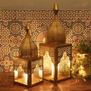 Oriental lantern Modena Gold L&M set of 2 in antique gold look Moroccan lantern in minarets shape Ramadan glass lantern decoration IRL645