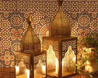 Oosterse lantaarn Modena Gold L&M set van 2 in antiek goudlook Marokkaanse lantaarn in minarettenvorm Ramadan glazen lantaarn decoratie IRL645