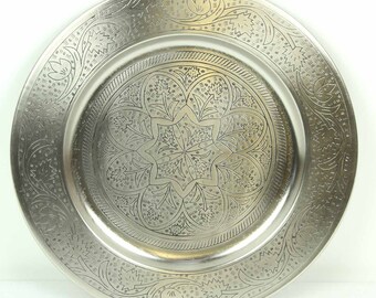 Plateau de service marocain Hoyam Ø 40 cm rond en métal argenté plateau à thé oriental Ramadan plateau décoratif filigrané décoré TBB407S