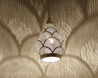 Lampe marocaine Naouma Samak D17 Argent | véritable lampe en laiton plaqué argent | Lumière orientale Ramadan plafonnier suspension EL2190