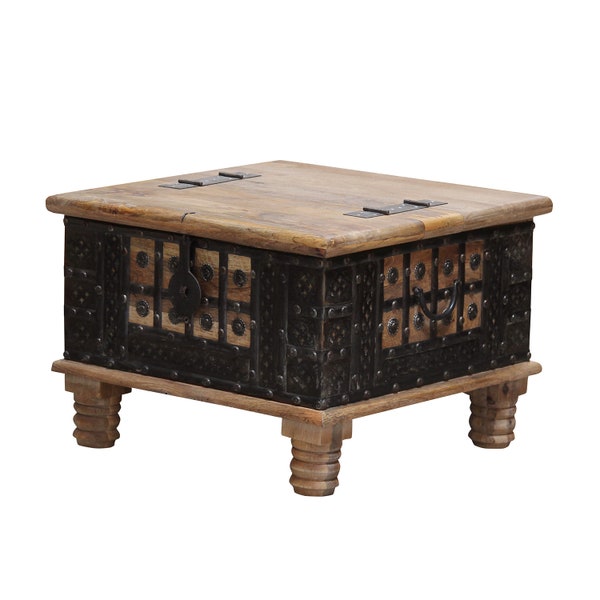 Table commode orientale HADIS 60x60x40 (L/P/H) en bois massif agrémentée d'une table basse en métal avec espace de rangement plateau pliant CAC3201070