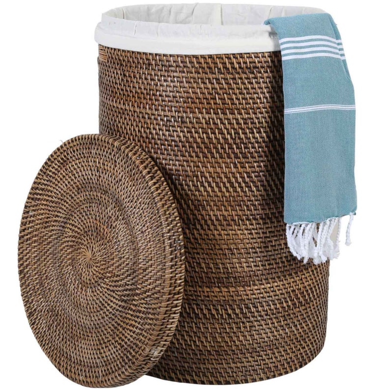 Panier à linge en rotin Cleo marron en 3 tailles rond avec couvercle sac amovible panier en rotin rustique tressé collecteur de linge panier à linge image 6