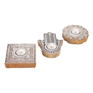 Oriental tealight holder Sahra set of 3 made of solid wood carved Fatima's Buddha hand Ramadan Eid table decoration candlelight gift RK210 image 2