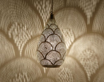 Marokkanische Lampe Naouma Samak D20 Silber | orientalische Hängelampe | echt versilberte Messinglampe Ramadan Eid Leuchte | EL2195