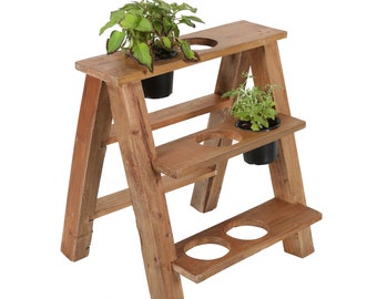 Étagère à plantes en bois VICENZA en bois de teck recyclé échelle à fleurs échelle à fleurs échelle à plantes en bois étagères à 3 niveaux salon balcon NUA014