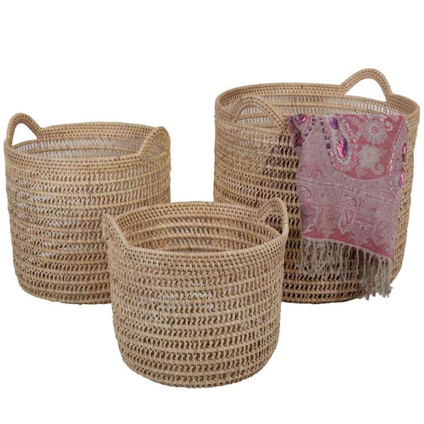 Panier en rotin Eda Natural avec anse en 3 tailles panier de rangement tressé panier en osier Boho Chic panier à linge rond panier à plantes anse en bois