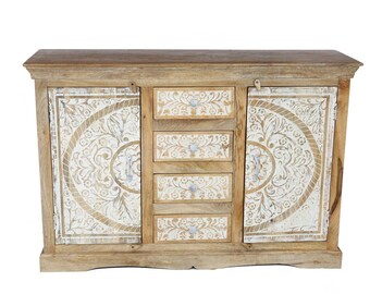 Commode orientale en bois Harnur Mandala, buffet sculpté en bois massif Buffet Boho Chic | MA29-240