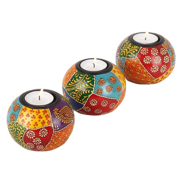 Photophores Anila peints à la main lot de 3 bougies en forme de boule en bois massif coloré décoration orientale idée cadeau Noël Ramadan RK201