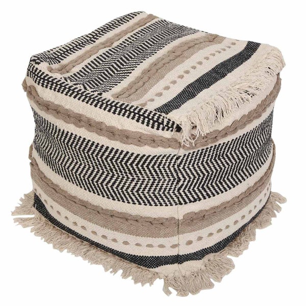 Boho Sitzwürfel Pouf Kara 55x55x45 cm mit Füllung Strick Optik Polsterhocker aus reiner Baumwolle Häkelpouf in weiß beige schwarz | MA1008