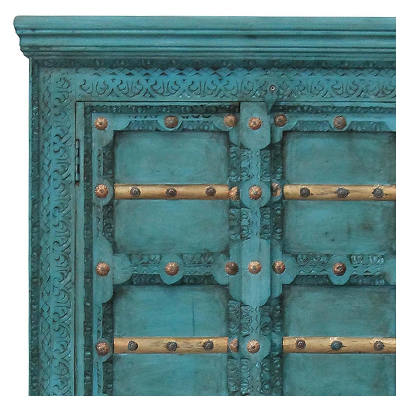 Indiase houten kast Adna Turquoise gesneden uit massief hout en met de hand beschilderd Vintage kledingkast boho draaideurkast CA321270 afbeelding 4