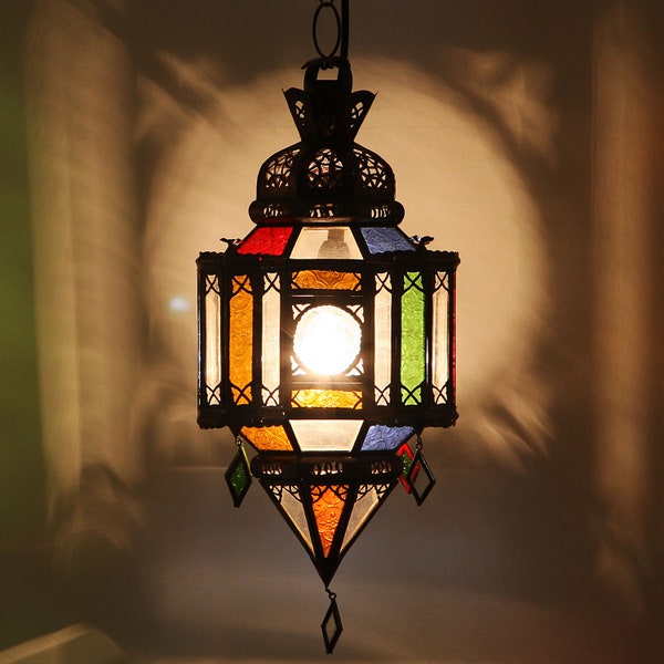 Marokkanische Lampe Hängeleuchte Moulawlidat bunt aus Glas & Eisen handgefertigte orientalische Leuchte Deckenlampe aus 1001 Nacht L1311