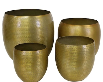 Vaso da fiori orientale Vega Gold in 4 misure, vaso da fiori decorato martellato, vaso da fiori rotondo in metallo, vaso per piante