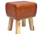 Genuine leather stool Tejas 38x35x46 cm Width depth height brown made of solid wood genuine leather Retro Turnbock-Design Stool Upholstered Stool HH2411