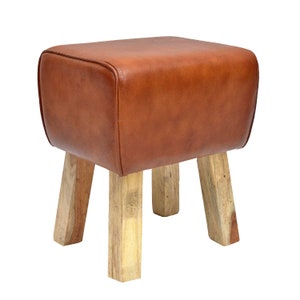 Real leather stool Tejas 38x35x46 cm width/depth/height brown made of solid wood & real leather retro turntable design seat stool upholstered stool HH2411