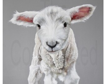 Cute A4 Nursery Giclee Art Print from Artist Oil Painting of Lamb on Grey background quality Limited Edition print