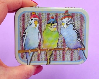 Budgies in Beanies Craft Tin - Emma Ball hinged metal storage tin