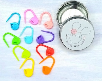 Stitch Marker Set of 10 rainbow coloured markers in a tin